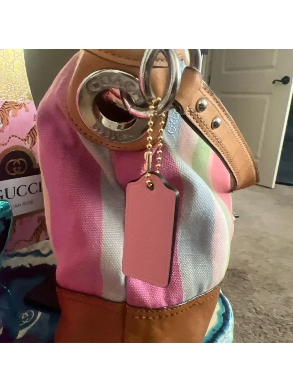COACH Hamptons Legacy Striped Canvas & Leather Bag Clean EUC